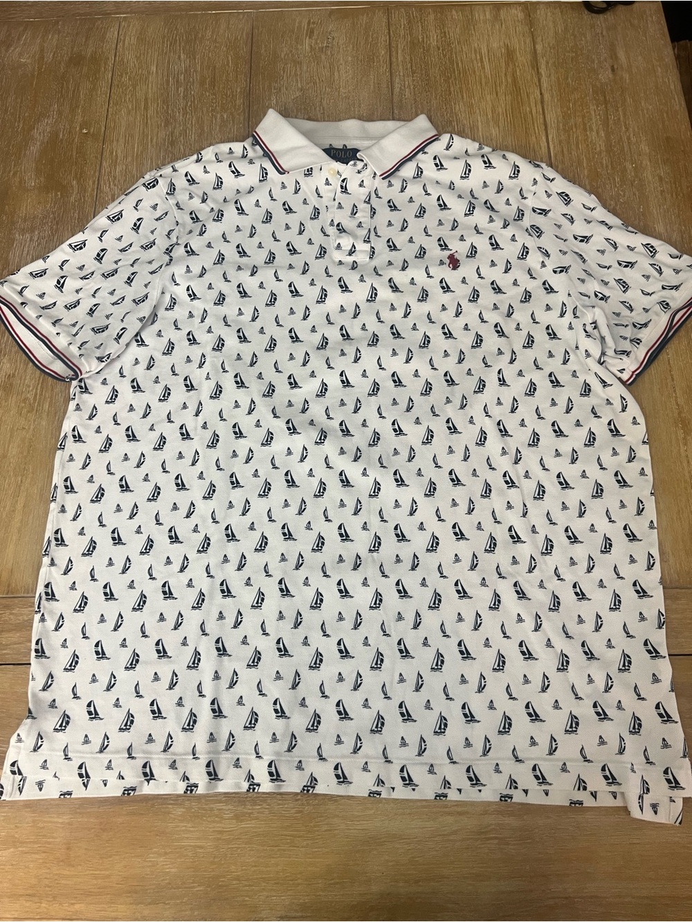Ralph Lauren White Polo with Navy Sailboat Print and Red Trim